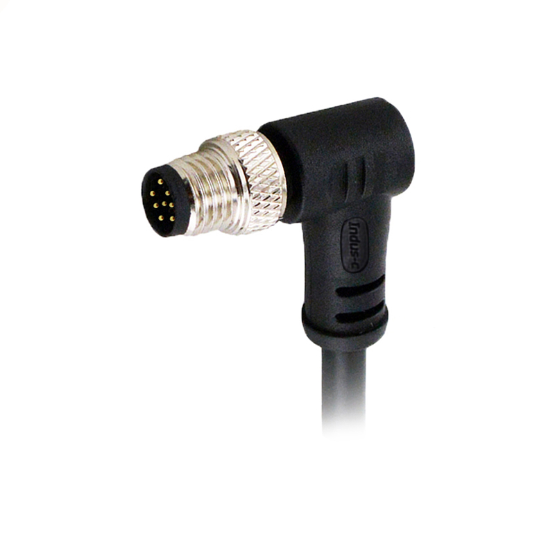 M8 8pins A code male right angle molded cable,unshielded,PVC,-10°C~+80°C,26AWG 0.14mm²,brass with nickel plated screw